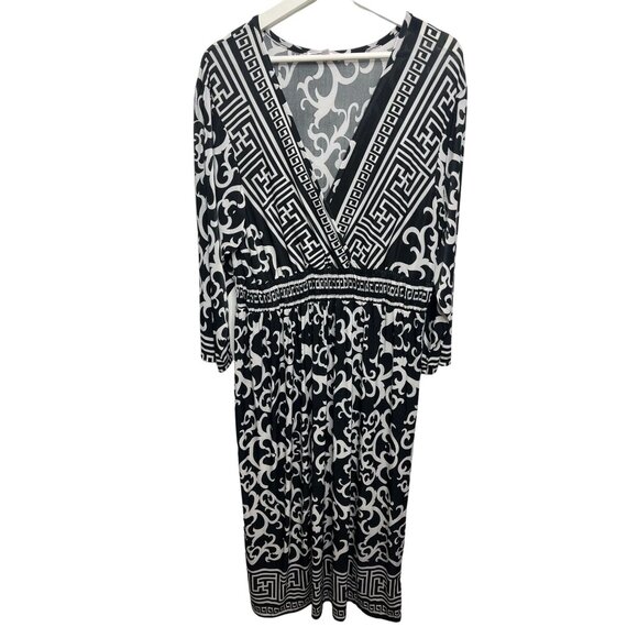 Lapogee Black White Geometric Maxi Dress 2X Plus Size Work Boho Stretch - Picture 1 of 10